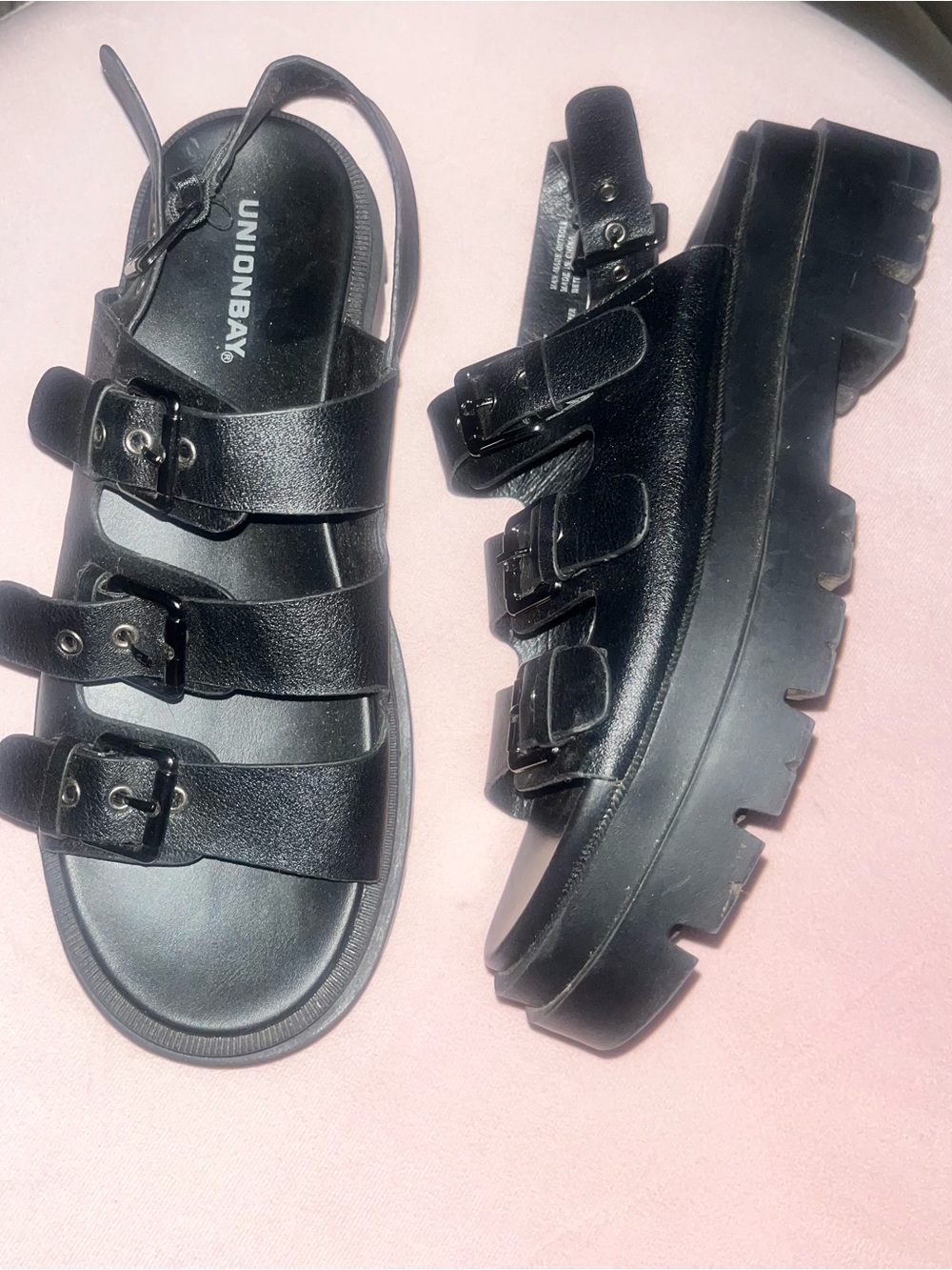 UNIONBAY Black Triple-Buckle Platform Sandals with Lug Sole